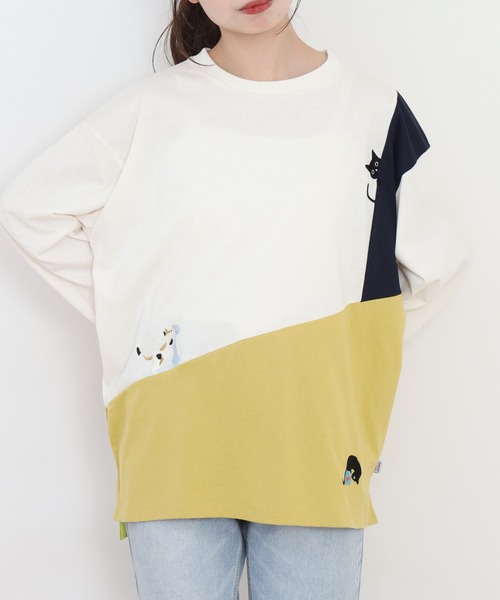 Quelle Chance(ケルシャンス)の「配色切替 長袖プルオーバー 猫(Tシャツ/カットソー・レディース・イエロー系その他/グリーン系その他・L/M)」の5枚目の写真