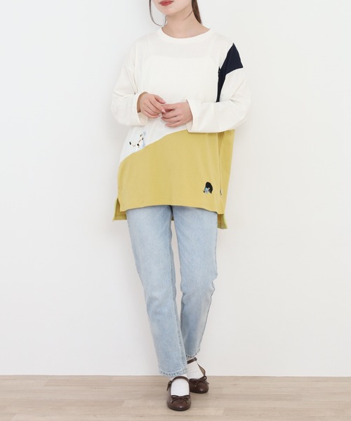 Quelle Chance(ケルシャンス)の「配色切替 長袖プルオーバー 猫(Tシャツ/カットソー・レディース・イエロー系その他/グリーン系その他・L/M)」の9枚目の写真