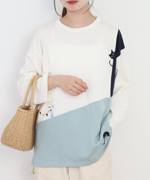 Quelle Chance(ケルシャンス)の「配色切替 長袖プルオーバー 猫(Tシャツ/カットソー・レディース・イエロー系その他/グリーン系その他・L/M)」の12枚目の写真