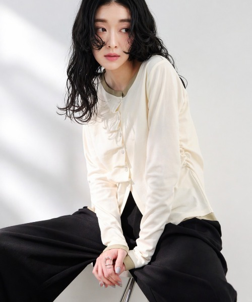 Shelly island（シェリーアイランド）の「フロントタックカーディガン（Tシャツ/カットソー・レディース・ブルー/グレー/ピンク/ホワイト・FREE）」の2枚目の写真