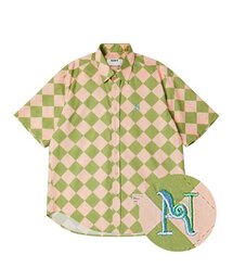 Beyond Closet | [コレクションライン] オールドアルファベットアーガイル半袖シャツオリーブ(シャツ/ブラウス)