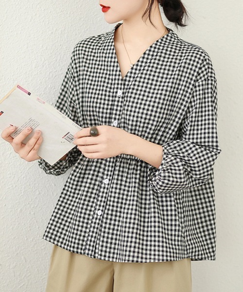 ONEP STAR(ワンピスター)の「ウエストシャーリングギンガムチェックブラウス(シャツ/ブラウス・レディース・ブラック/モカ・LARGE/XX-LARGE/X-LARGE)」の8枚目の写真