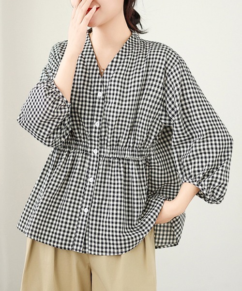 ONEP STAR(ワンピスター)の「ウエストシャーリングギンガムチェックブラウス(シャツ/ブラウス・レディース・ブラック/モカ・LARGE/XX-LARGE/X-LARGE)」の9枚目の写真