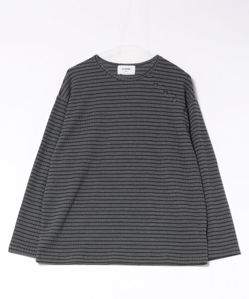 Never mind the XU / Chikashitsu+(ネバーマインド ザ エックスユー / チカシツプラス)の「【nmtc+】diagonal button border long sleeve / 【エヌエムティーシープラス】ダイアゴナルボタンボーダー長袖Tシャツ(Tシャツ/カットソー・メンズ・グレー/チャコール・ONE SIZE)」の4枚目の写真