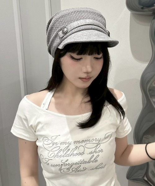 NOT KNOWING(ノットノーイング)の「【NOT KNOWING】Draped Button Knit Cap / 【ノットノーイング】ドレープドボタンニットキャップ<着用画像あり>(キャップ・レディース・ブラック/グレー・ONE SIZE)」の1枚目の写真