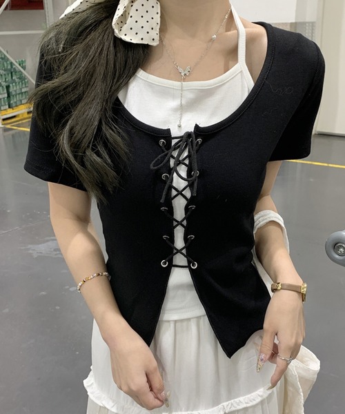 SpRay(スプレイ)の「【1枚でおしゃれ完成/時短】レースアップフェイクレイヤードトップス(Tシャツ/カットソー・レディース・ブラック/ベージュ/ブラウン/サックスブルー/ピンク/イエロー/ライトグリーン/アイボリー/ボルドー・FREE)」の19枚目の写真