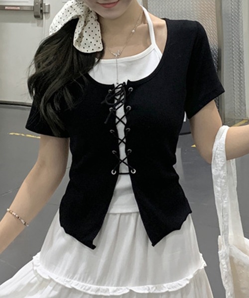 SpRay(スプレイ)の「【1枚でおしゃれ完成/時短】レースアップフェイクレイヤードトップス(Tシャツ/カットソー・レディース・ブラック/ベージュ/ブラウン/サックスブルー/ピンク/イエロー/ライトグリーン/アイボリー/ボルドー・FREE)」の21枚目の写真