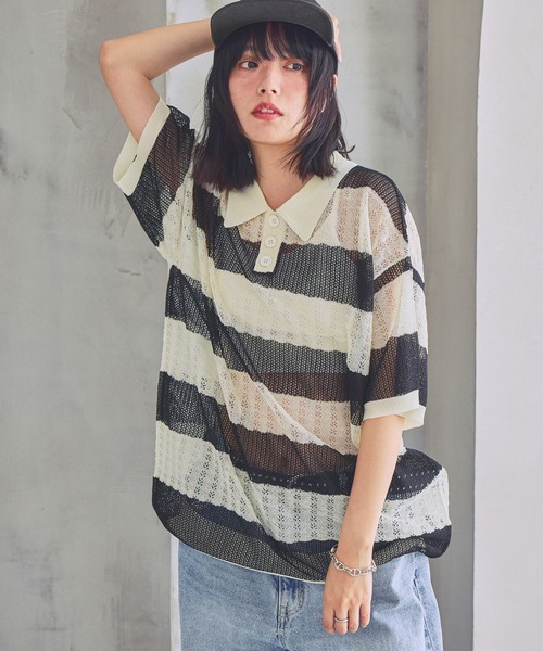 PBLIM（ページボーイリム）の「《UNISEX》ボーダーメッシュSS　ボーダー / 襟トップス / シアー（ポロシャツ・レディース・ブルー系/ホワイト系/ピンク系・FREE）」の2枚目の写真