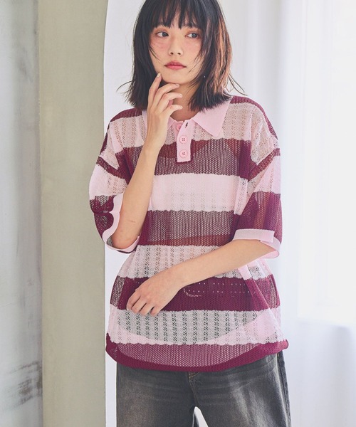 PBLIM（ページボーイリム）の「《UNISEX》ボーダーメッシュSS　ボーダー / 襟トップス / シアー（ポロシャツ・レディース・ブルー系/ホワイト系/ピンク系・FREE）」の3枚目の写真