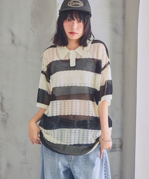 PBLIM（ページボーイリム）の「《UNISEX》ボーダーメッシュSS　ボーダー / 襟トップス / シアー（ポロシャツ・レディース・ブルー系/ホワイト系/ピンク系・FREE）」の4枚目の写真