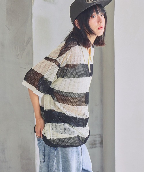 PBLIM（ページボーイリム）の「《UNISEX》ボーダーメッシュSS　ボーダー / 襟トップス / シアー（ポロシャツ・レディース・ブルー系/ホワイト系/ピンク系・FREE）」の5枚目の写真