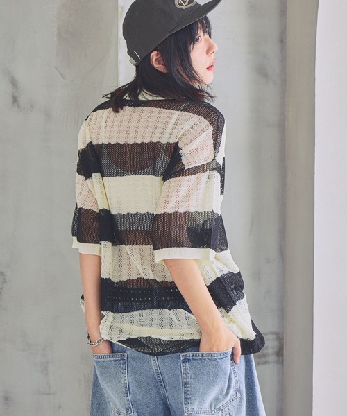 PBLIM（ページボーイリム）の「《UNISEX》ボーダーメッシュSS　ボーダー / 襟トップス / シアー（ポロシャツ・レディース・ブルー系/ホワイト系/ピンク系・FREE）」の6枚目の写真