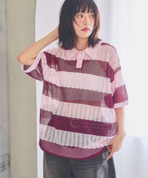 PBLIM（ページボーイリム）の「《UNISEX》ボーダーメッシュSS　ボーダー / 襟トップス / シアー（ポロシャツ・レディース・ブルー系/ホワイト系/ピンク系・FREE）」の18枚目の写真