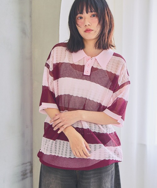 PBLIM（ページボーイリム）の「《UNISEX》ボーダーメッシュSS　ボーダー / 襟トップス / シアー（ポロシャツ・レディース・ブルー系/ホワイト系/ピンク系・FREE）」の19枚目の写真