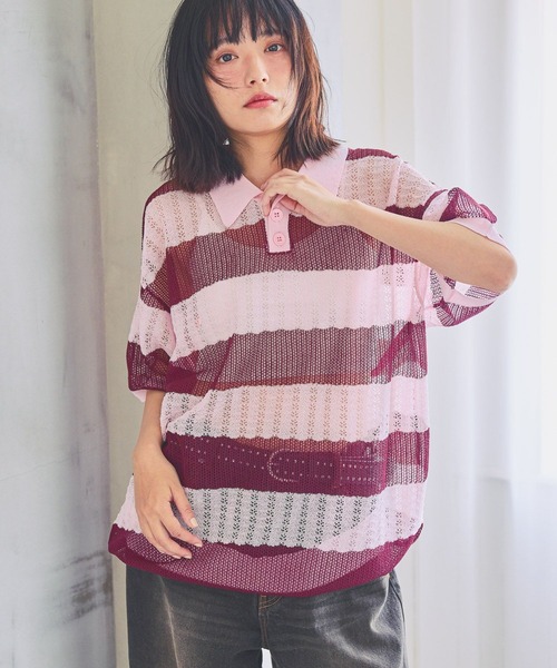 PBLIM（ページボーイリム）の「《UNISEX》ボーダーメッシュSS　ボーダー / 襟トップス / シアー（ポロシャツ・レディース・ブルー系/ホワイト系/ピンク系・FREE）」の20枚目の写真