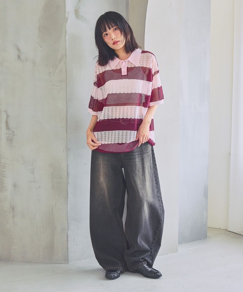 PBLIM（ページボーイリム）の「《UNISEX》ボーダーメッシュSS　ボーダー / 襟トップス / シアー（ポロシャツ・レディース・ブルー系/ホワイト系/ピンク系・FREE）」の22枚目の写真