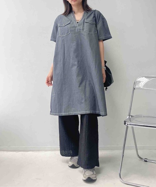 AS KNOW AS plus(アズノゥアズプラス)の「○ダブルポケットスキッパー半袖ワンピース(ワンピース・レディース・カーキ/ブラック/ブルー・FREE)」の12枚目の写真