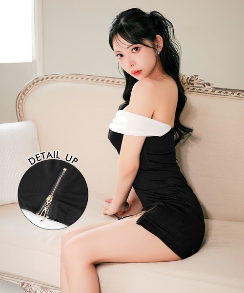 DAZZY(デイジー)の「モノトーンバイカラー裾ジップスリットタイトミニ丈キャバドレス(ドレス・レディース・ホワイト×ブラック・L/M/S)」の4枚目の写真