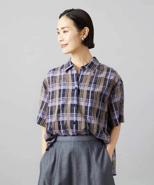 MICHEL KLEIN(ミッシェル・クラン)の「シアーチェックシャツ(シャツ/ブラウス・レディース・ブラウン/ダークラベンダー・38)」の3枚目の写真