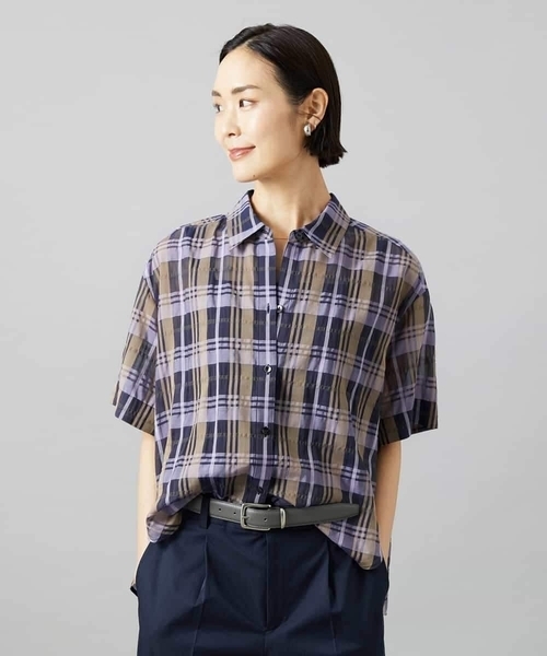 MICHEL KLEIN(ミッシェル・クラン)の「シアーチェックシャツ(シャツ/ブラウス・レディース・ブラウン/ダークラベンダー・38)」の10枚目の写真