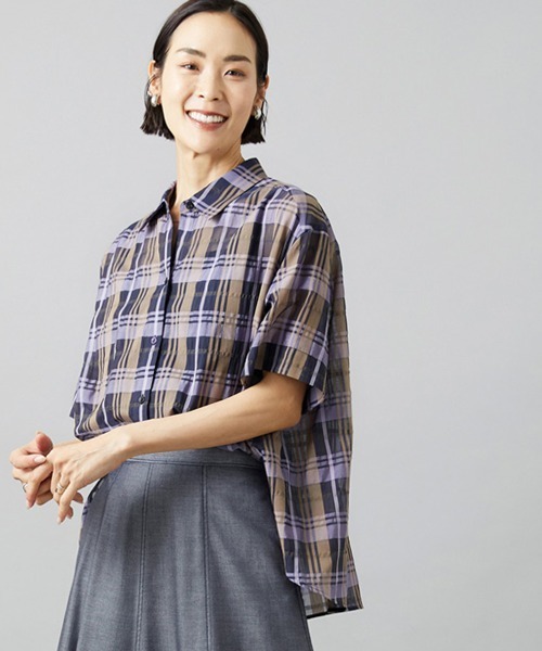 MICHEL KLEIN(ミッシェル・クラン)の「シアーチェックシャツ(シャツ/ブラウス・レディース・ブラウン/ダークラベンダー・38)」の2枚目の写真