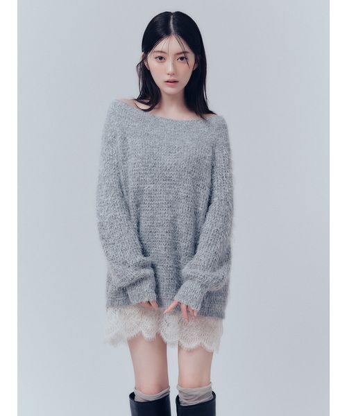 FRAY I.D(フレイアイディー)の「【WEB限定】レースレイヤードニットミニワンピース(ワンピース・レディース・ブラック/オフホワイト/グレー/ライム・F)」の9枚目の写真