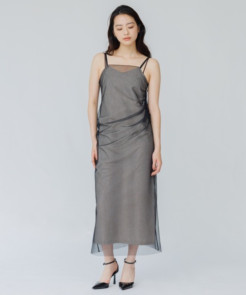 SENEE(セニー)の「tulle drape cami onepiece(チュールドレープキャミワンピース)(ワンピース・レディース・ピンクベージュ/ブラック・MEDIUM/SMALL)」の1枚目の写真