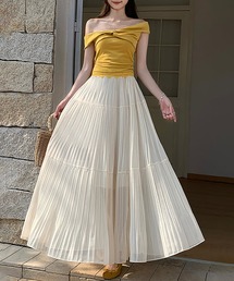 シフォンティアードプリーツフレアロングスカート