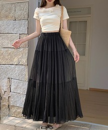 シフォンティアードプリーツフレアロングスカート