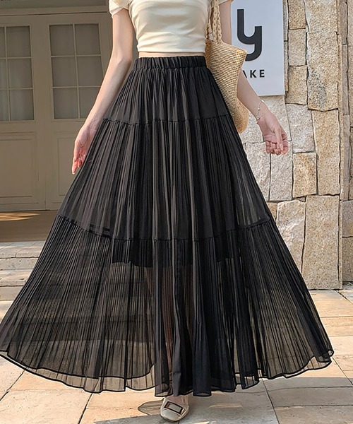 Girly Doll(ガーリードール)の「シフォンティアードプリーツフレアロングスカート(スカート・レディース・モカ/ブラック/パープル/ベージュ/ホワイト・FREE)」の9枚目の写真