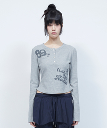 レタリンググラフィックワッフルヘンリーネック長袖TシャツGREY