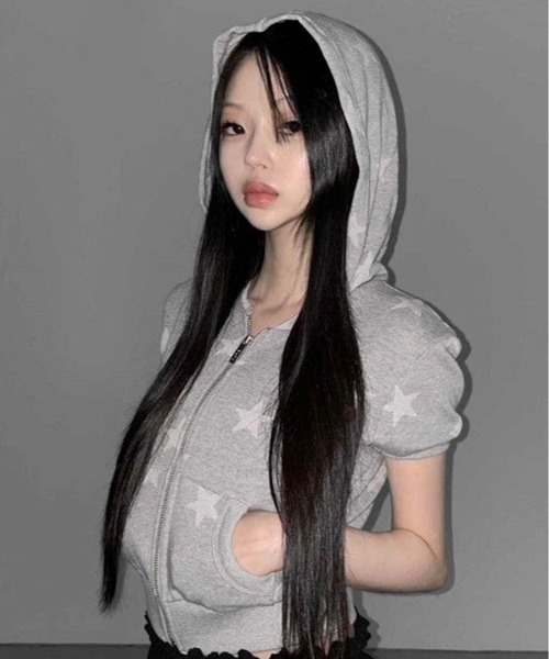 AVYL(アヴィル)の「スタープリント パフスリーブ半袖ZIPパーカー(パーカー・レディース・グレー・M)」の1枚目の写真