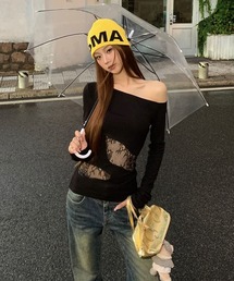 レースカットアウト ワンショルダートップス