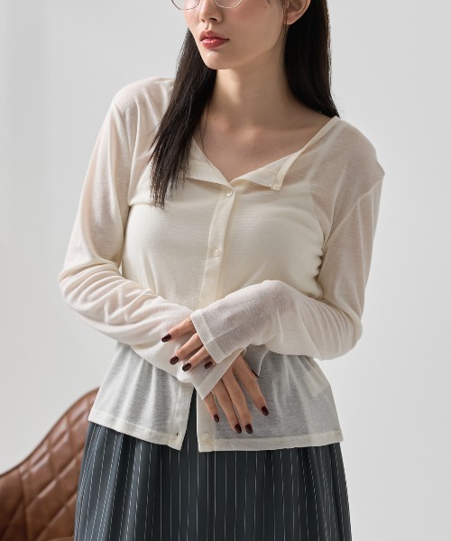 TRIANGLE PALETTE(トライアングルパレット)の「シアーリブクルーネック 長袖 カーディガン(Tシャツ/カットソー・レディース・ブラック/ブラウン/グレー/アイボリー・FREE)」の2枚目の写真