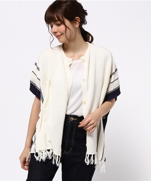 Denime(ドゥニーム)の「コットン 2ウェイ ポンチョ(カーディガン/ボレロ・レディース・ネイビー/オフホワイト/グレー・MEDIUM)」の7枚目の写真