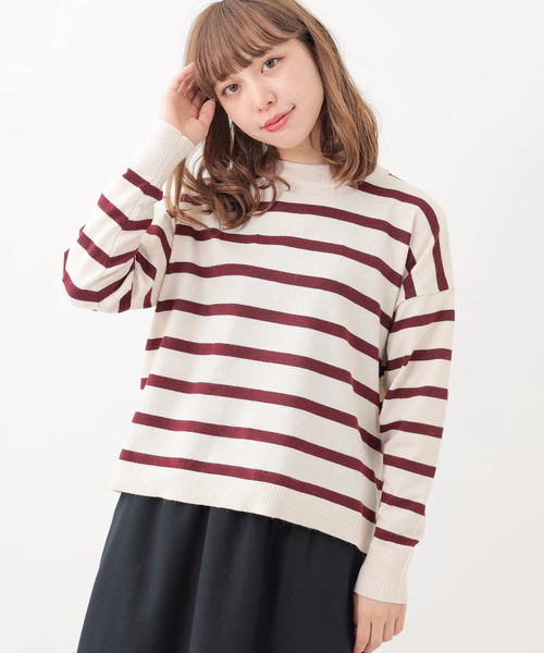 earth music&ecology(アースミュージックアンドエコロジー)の「ボーダードロップニットプルオーバー(ニット/セーター・レディース・ネイビー/アイボリー/ボルドー/杢グレー・FREE)」の1枚目の写真