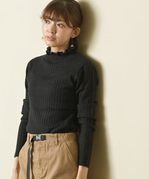 rps（アールピーエス）の「ワイドリブフリルハイネック長袖ニットプルオーバー（ニット/セーター・レディース・チャコールグレー/ブラック/ダークグリーン/オフホワイト/ボルドー/マスタード/杢グレー・M/L）」の18枚目の写真