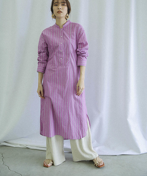 新作商品 スタンドカラーストライプワンピース ストライプシャツワンピ ワンピース Select ワンピース Select ワンピース Moca セレクトモカ のファッション