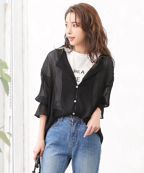 KOBE LETTUCE（コウベレタス）の「シェルボタンシアー楊柳ブラウス（シャツ/ブラウス・レディース・ブラック/ブルー/アイボリー/マスタード/ピンクベージュ・FREE）」の18枚目の写真