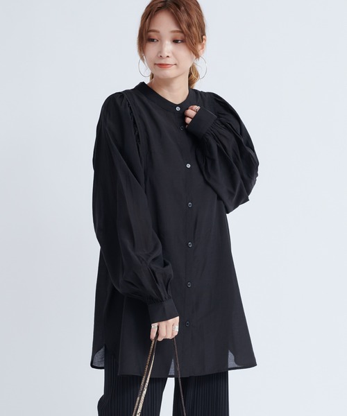 DouDou(ドゥドゥ)の「アームギャザー2WAYシアーブラウス(シャツ/ブラウス・レディース・ブラック/オフホワイト/ミント・FREE)」の17枚目の写真