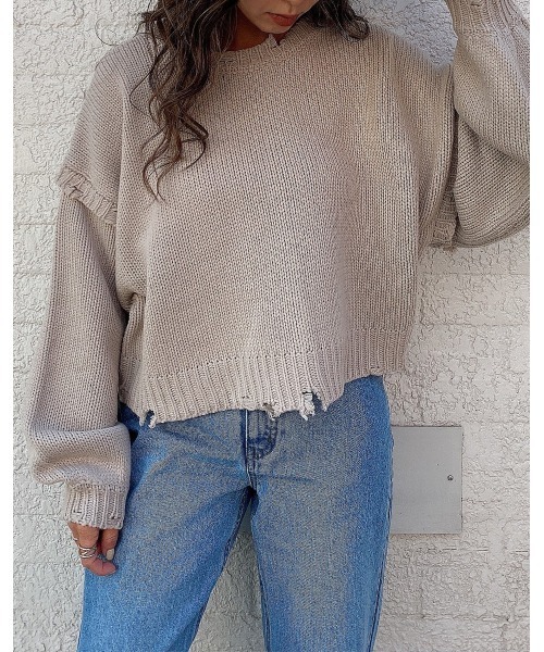 LiSeek（リシーク）の「【LiSeeK】ダメージリブ短丈ニットTOP（ニット/セーター・レディース・オリーブ/ベージュ/アイボリー/ブラック・FREE）」の2枚目の写真