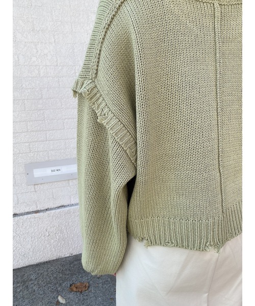 LiSeek（リシーク）の「【LiSeeK】ダメージリブ短丈ニットTOP（ニット/セーター・レディース・オリーブ/ベージュ/アイボリー/ブラック・FREE）」の6枚目の写真