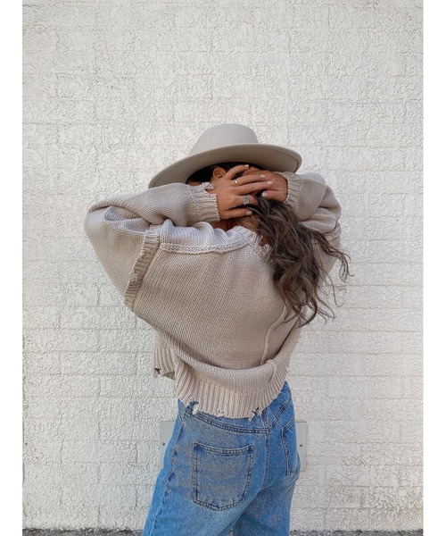 LiSeek（リシーク）の「【LiSeeK】ダメージリブ短丈ニットTOP（ニット/セーター・レディース・オリーブ/ベージュ/アイボリー/ブラック・FREE）」の10枚目の写真