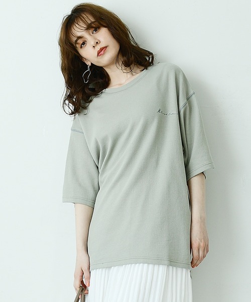 KANGOL EXTRA COMFORT(カンゴールエクストラコンフォート)の「バイカラーステッチ オーバーサイズ半袖Tシャツ(Tシャツ/カットソー・レディース・ライラック/ライトグリーン/オフホワイト/ブラック・LL/M/L)」の3枚目の写真