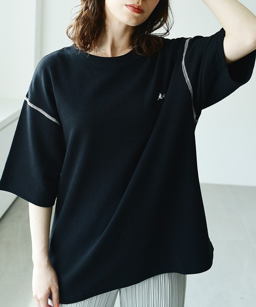KANGOL EXTRA COMFORT(カンゴールエクストラコンフォート)の「バイカラーステッチ オーバーサイズ半袖Tシャツ(Tシャツ/カットソー・レディース・ライラック/ライトグリーン/オフホワイト/ブラック・LL/M/L)」の2枚目の写真