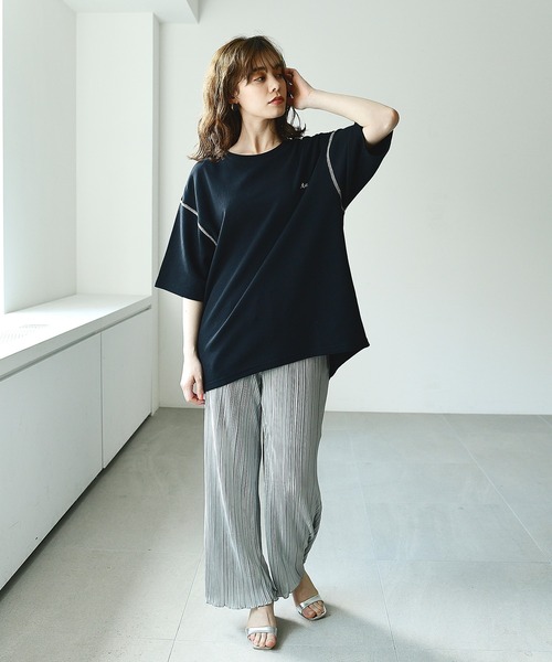 KANGOL EXTRA COMFORT(カンゴールエクストラコンフォート)の「バイカラーステッチ オーバーサイズ半袖Tシャツ(Tシャツ/カットソー・レディース・ライラック/ライトグリーン/オフホワイト/ブラック・LL/M/L)」の18枚目の写真