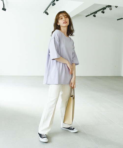KANGOL EXTRA COMFORT(カンゴールエクストラコンフォート)の「バイカラーステッチ オーバーサイズ半袖Tシャツ(Tシャツ/カットソー・レディース・ライラック/ライトグリーン/オフホワイト/ブラック・LL/M/L)」の21枚目の写真