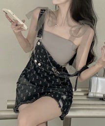 KOR | ダメージ加工 ステッチ総柄 デニムサロペットスカート ショルダーリボンキャミソールセット(サロペット/オーバーオール)