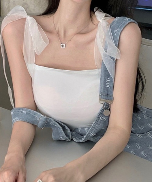 KOR（ケーオーアール）の「ダメージ加工 ステッチ総柄 デニムサロペットスカート ショルダーリボンキャミソールセット（サロペット/オーバーオール・レディース・ブラック/ブルー・S/M/L）」の20枚目の写真