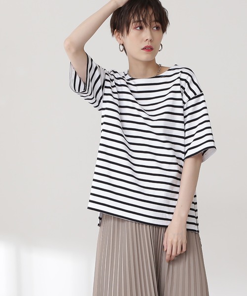 N.(N. Natural Beauty Basic)(エヌエヌナチュラルビューティーベーシック)の「◆スリットボーダーTシャツ(Tシャツ/カットソー・レディース・ブラック系その他/ブラウン系その他/ブルー系その他・MEDIUM)」の1枚目の写真